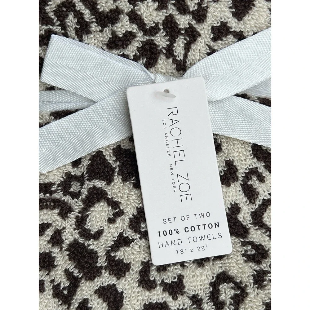Rachel Zoe Leopard Hand Towels Cheetah Animal Print Tan Brown 100% Cotton 2 Pc
